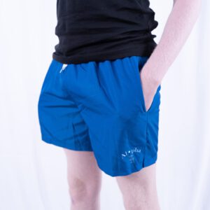 Blue swim shorts with logo